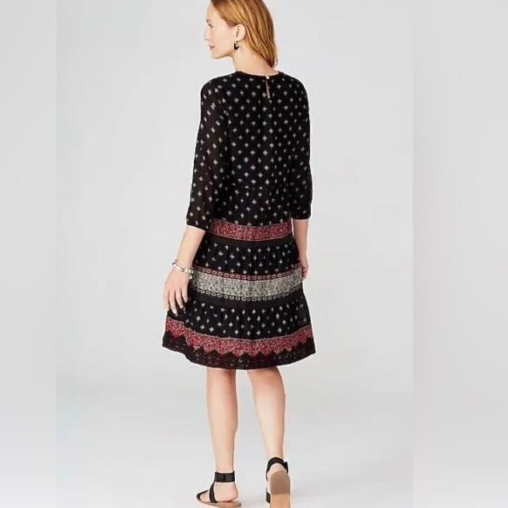 J Jill Pintucked Lace Trim Midi Dress Tiered A-Line Black Red Women Medium Boho - Picture 4 of 11